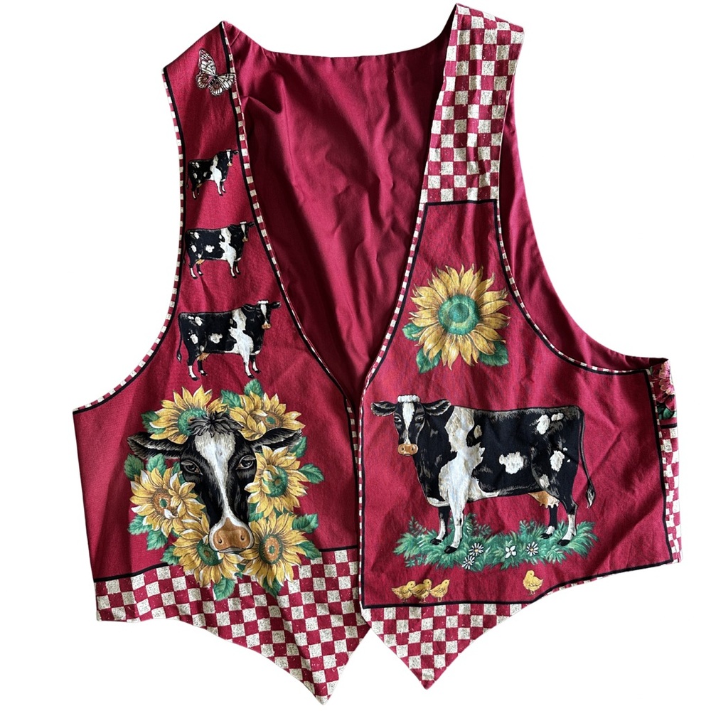 Vintage Cow Print Patchwork Vest Sunflower Farmhouse Cottagecore Red XL